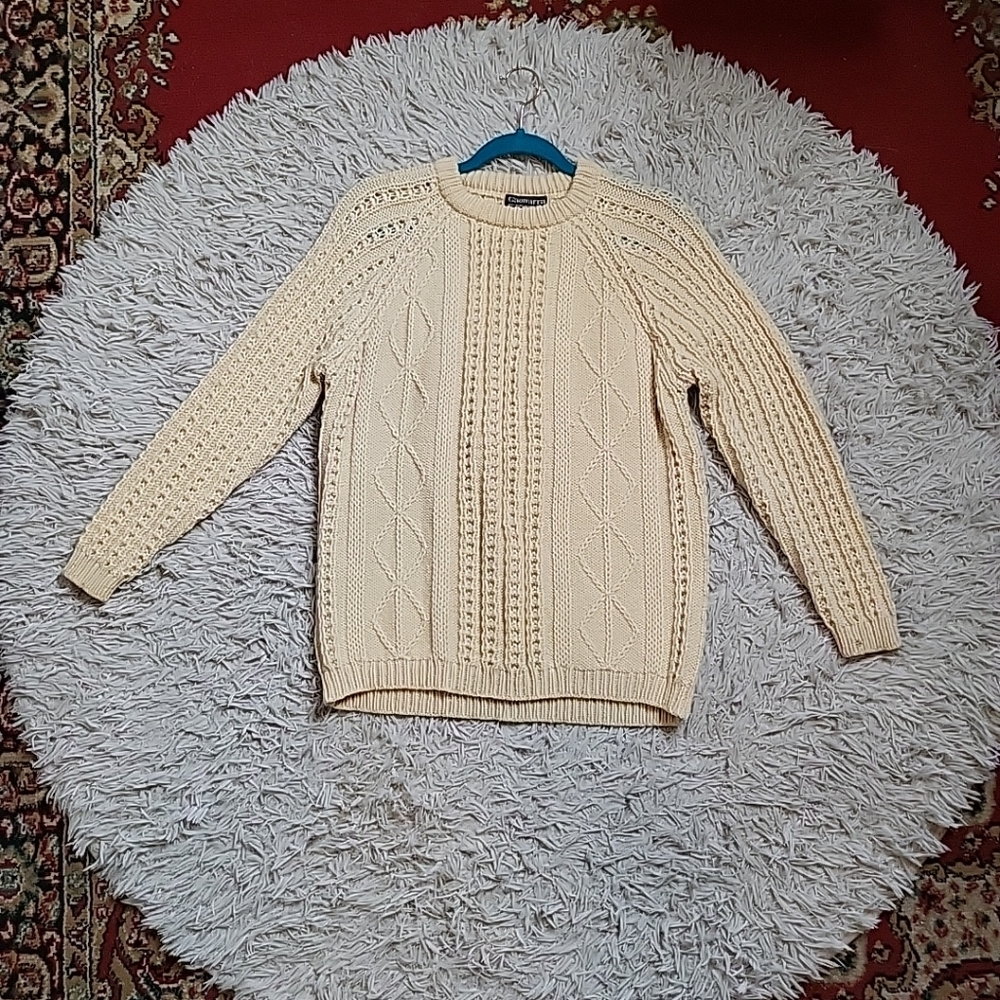 Vintage Aran Wool Sweater Fishermans Cable Knit Gaeltarra Irish Ireland Ivory